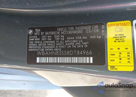 2008 BMW 750Li z USA, uszkodzony, nr VIN WBAHN83558DT84966